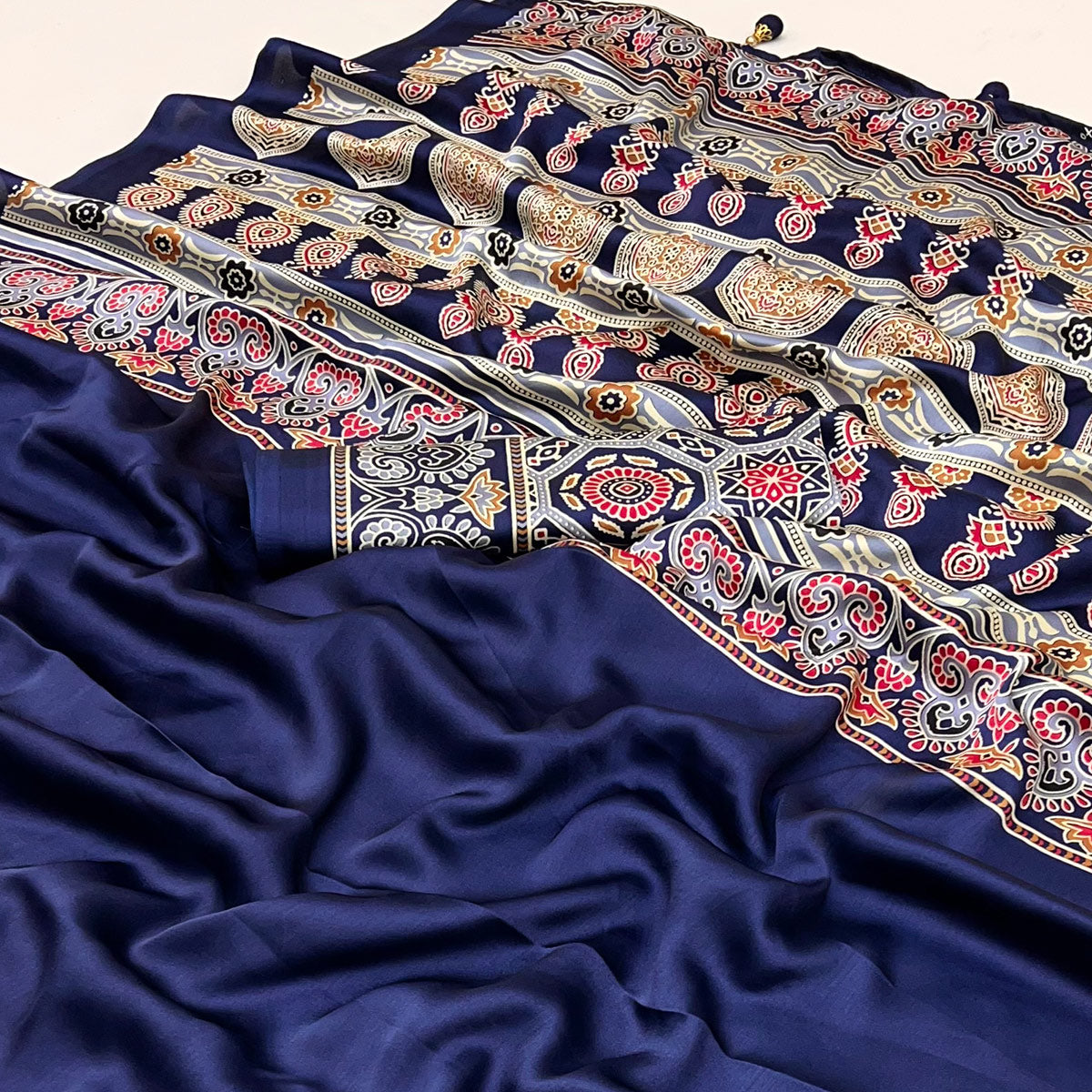 Navy Blue Ajrakh Printed Crepe Satin Saree With Tassels