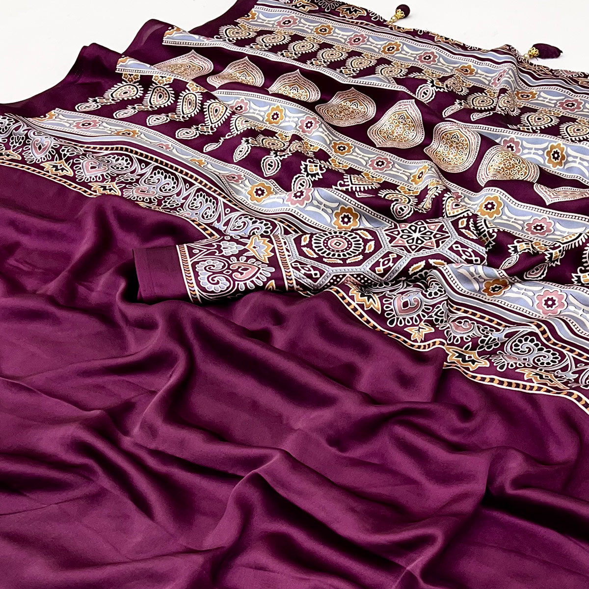 Purple Ajrakh Printed Crepe Satin Saree With Tassels