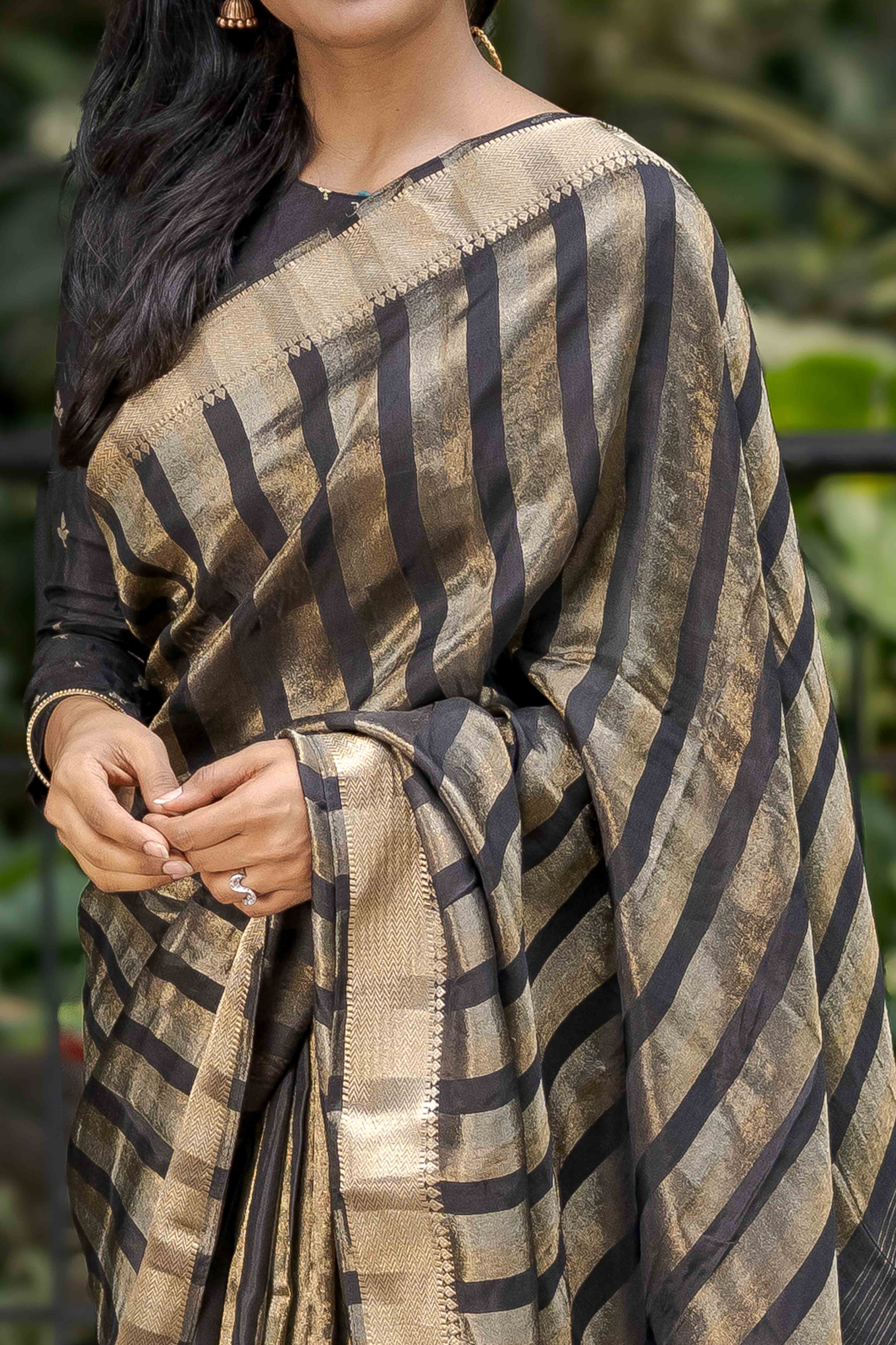 Black Zari Weaving Viscose Saree With Tassels