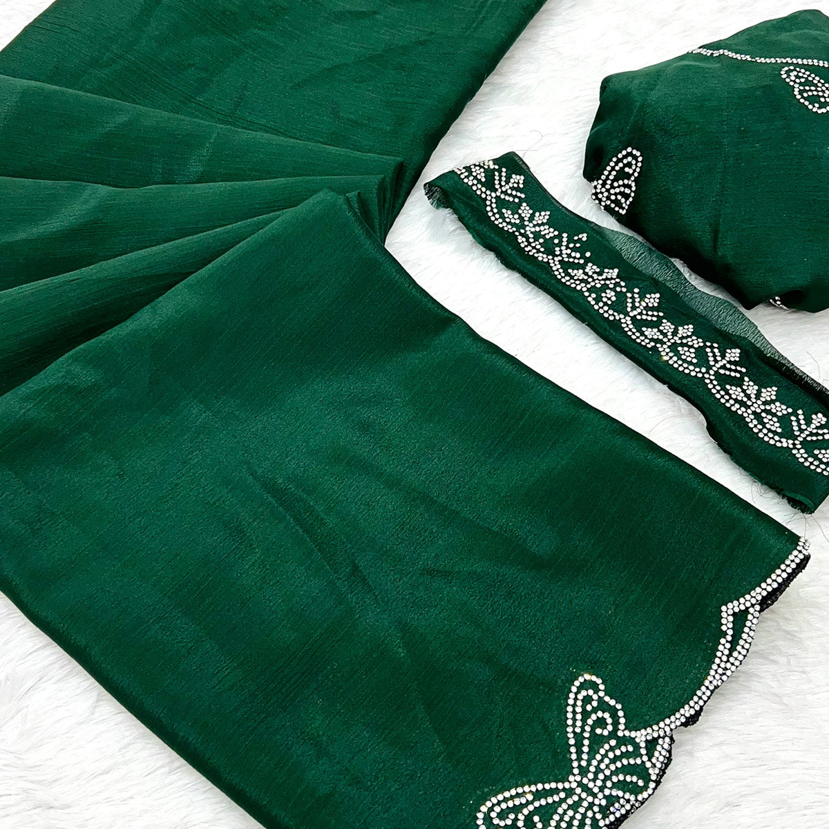 Green Stone Work Embroidered Chinon Saree
