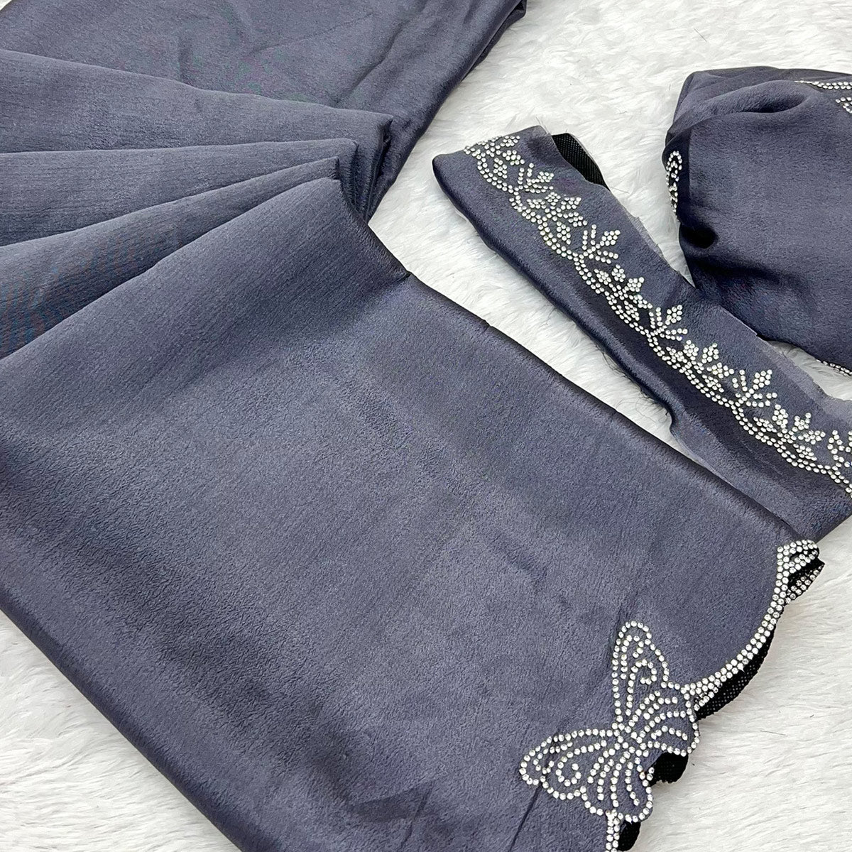 Grey Stone Work Embroidered Chinon Saree