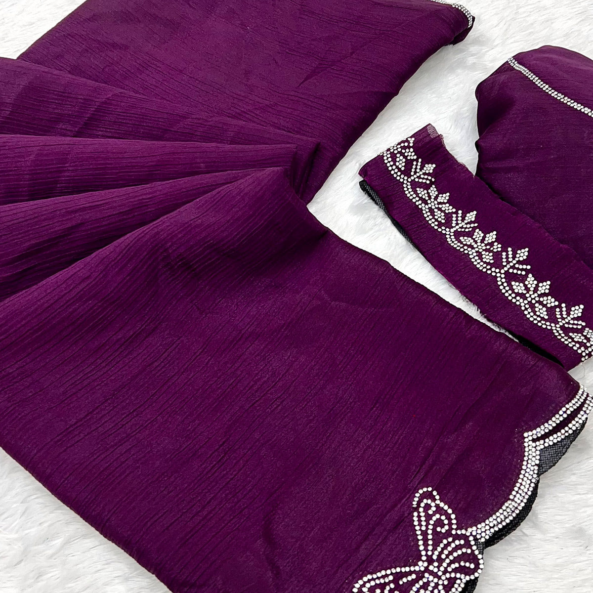 Purple Stone Work Embroidered Chinon Saree