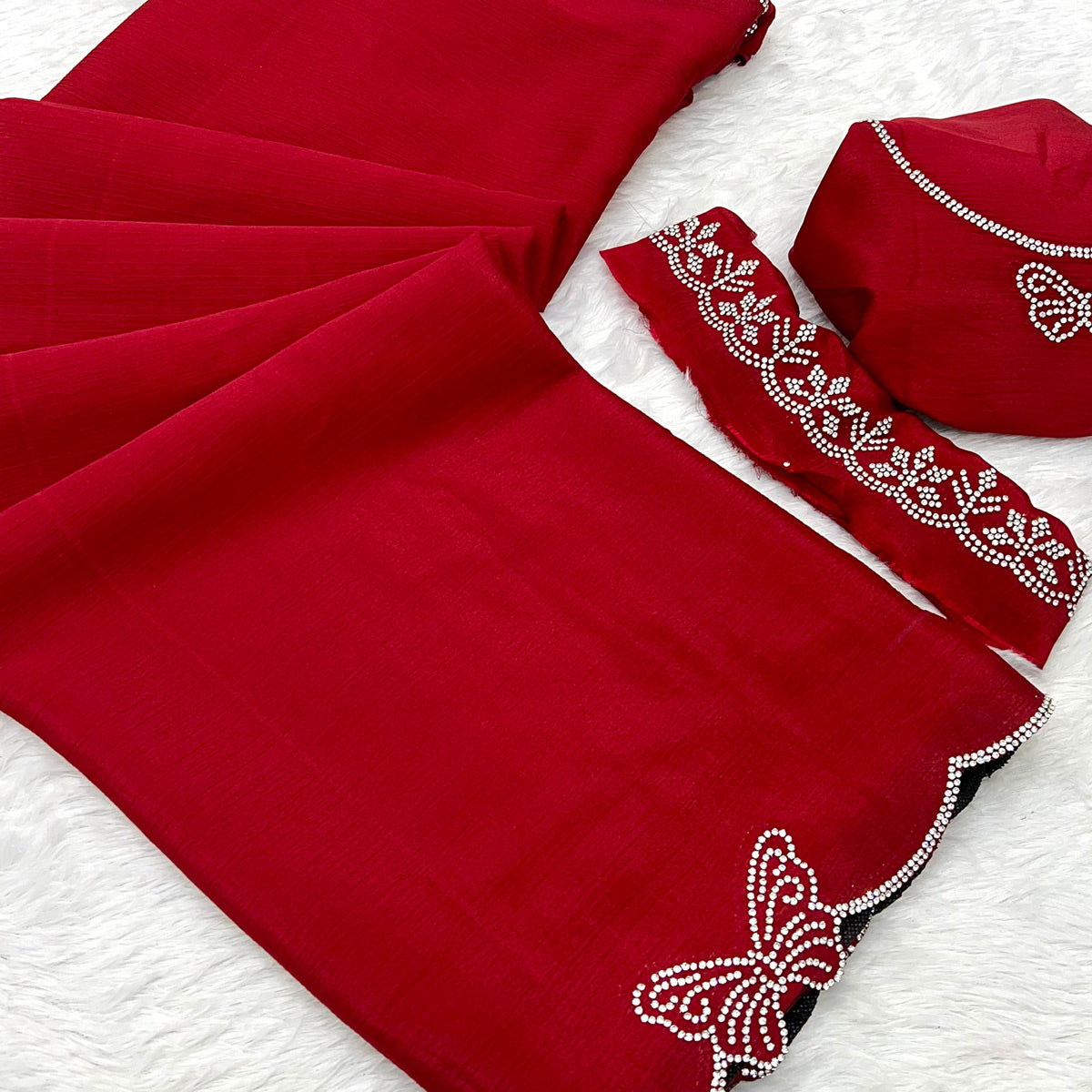 Red Stone Work Embroidered Chinon Saree