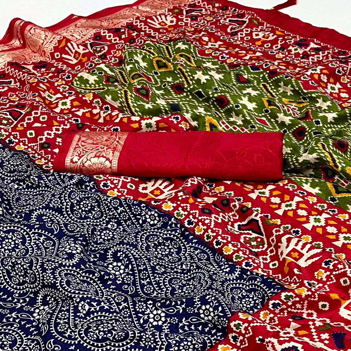 Blue & Red Floral Printed Tussar Silk Saree With Tassels