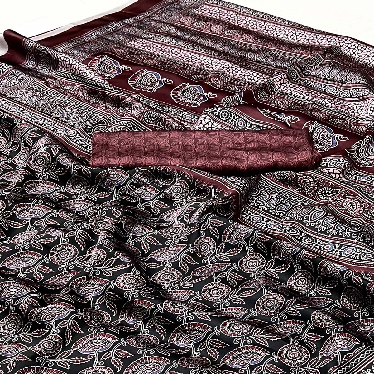 Black & Maroon Digital Printed Crepe Saree