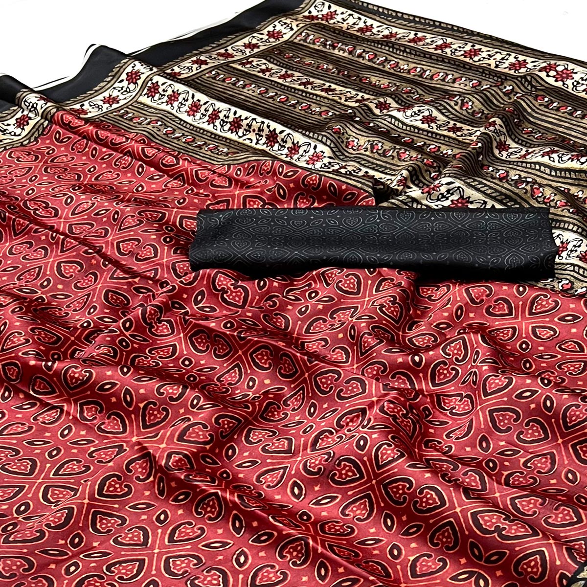 Red Digital Printed Crepe Saree