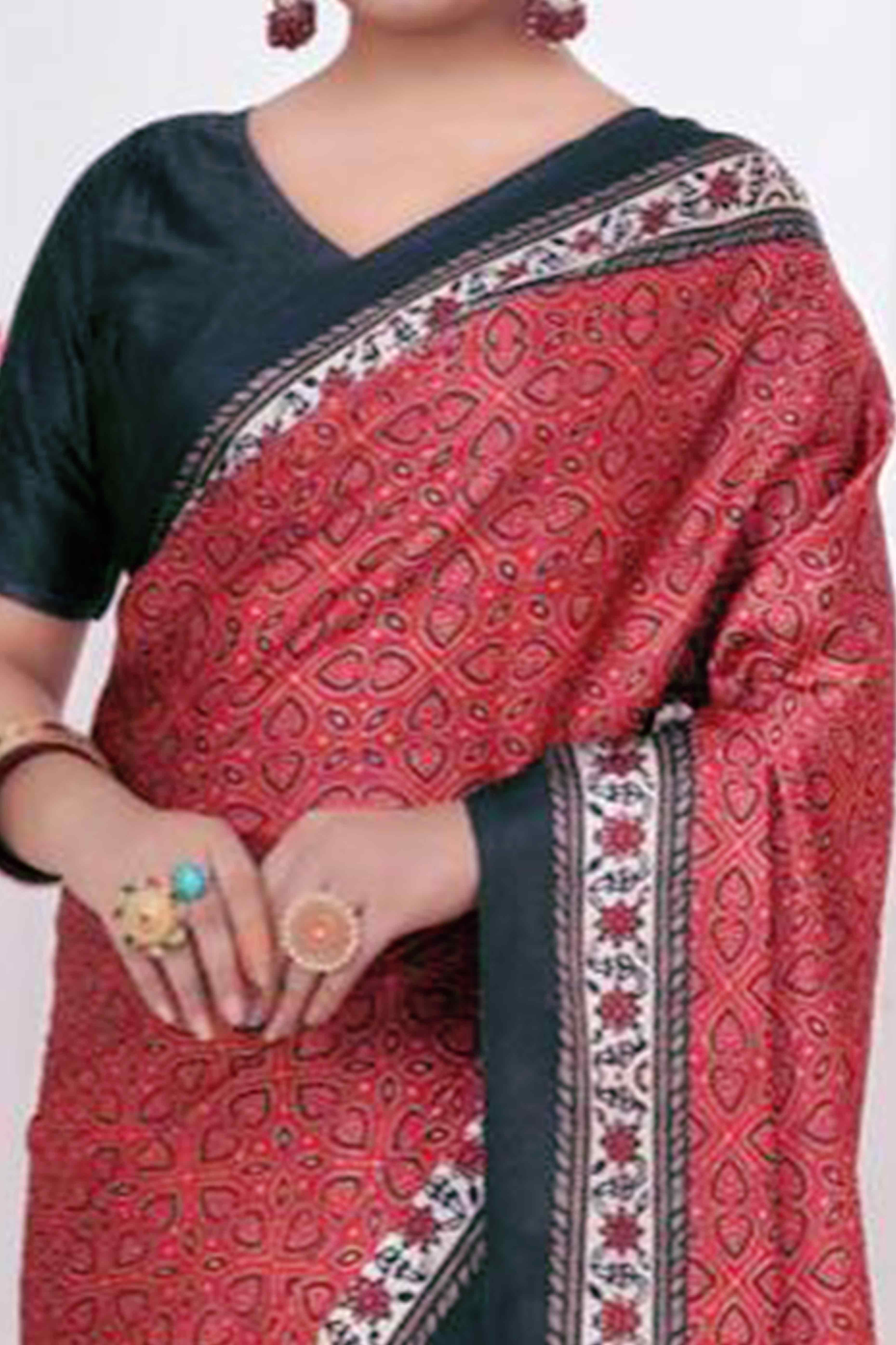 Red Digital Printed Crepe Saree