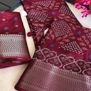 Maroon Ikkat Printed Cotton Silk Saree