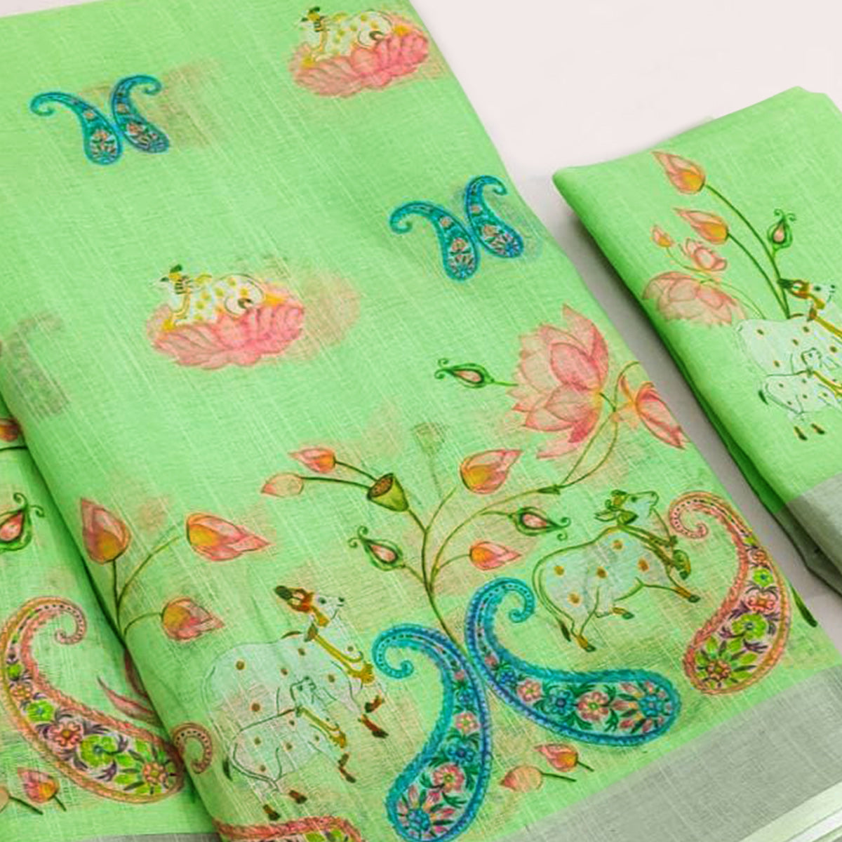 Pista Green Digital Printed Linen Saree