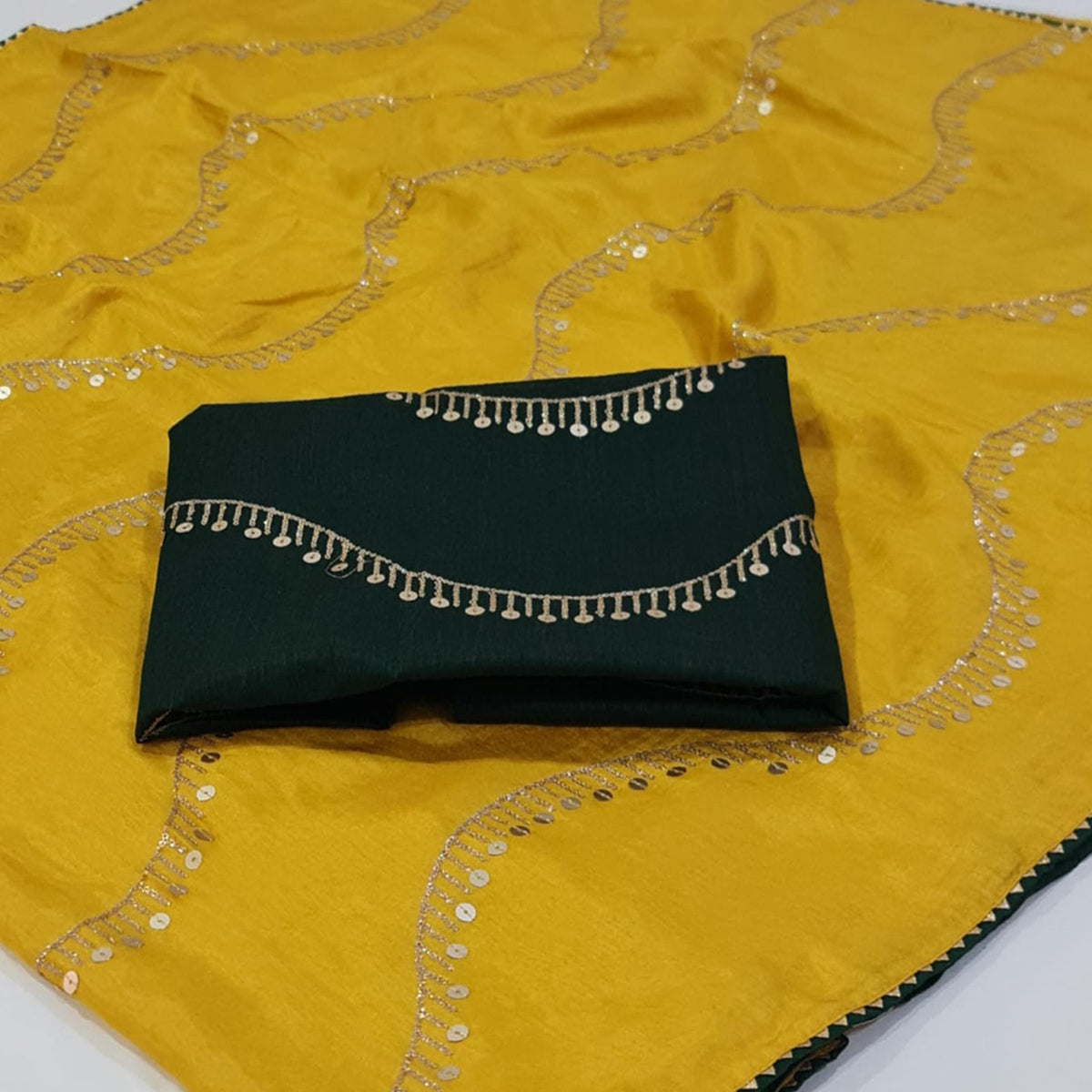 Yellow Sequins Embroidered Dola Silk Saree