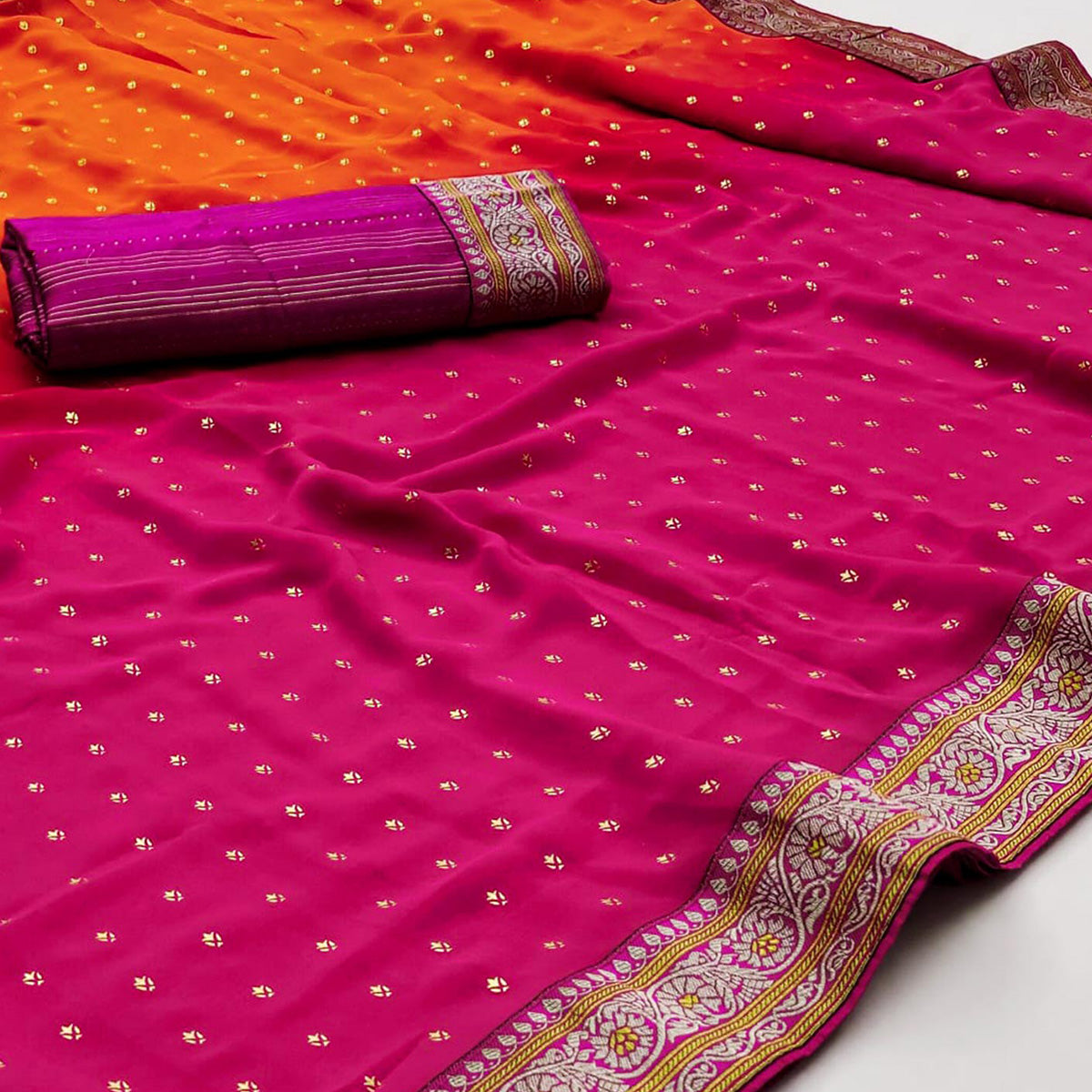 Orange & Pink Foil Printed Georgette Saree