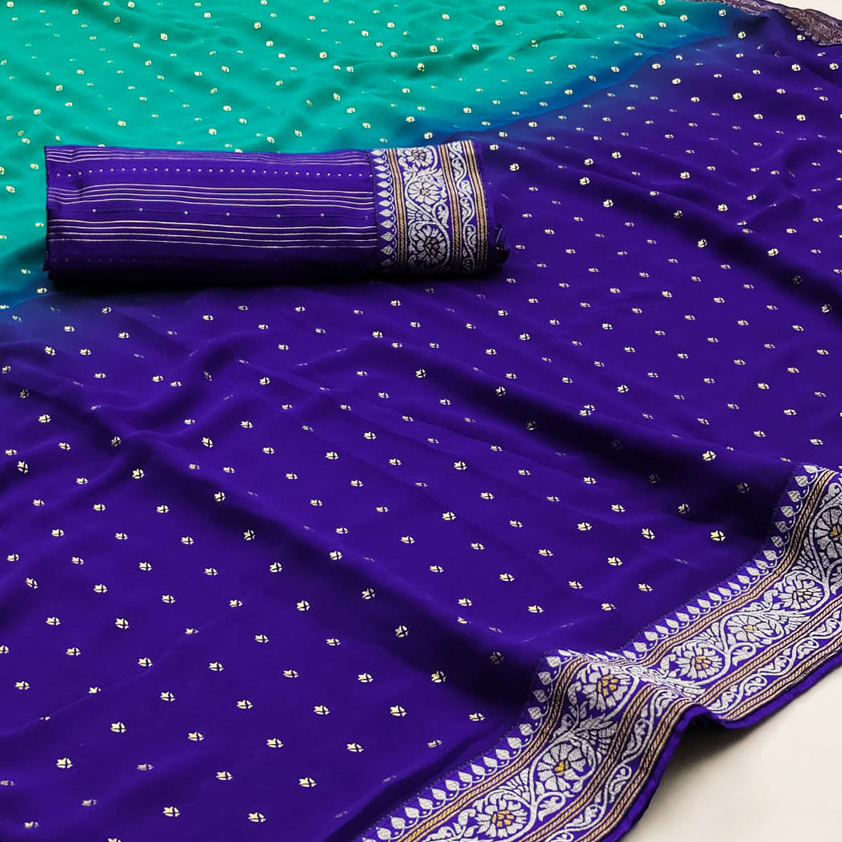 Turquoise & Blue Foil Printed Georgette Saree