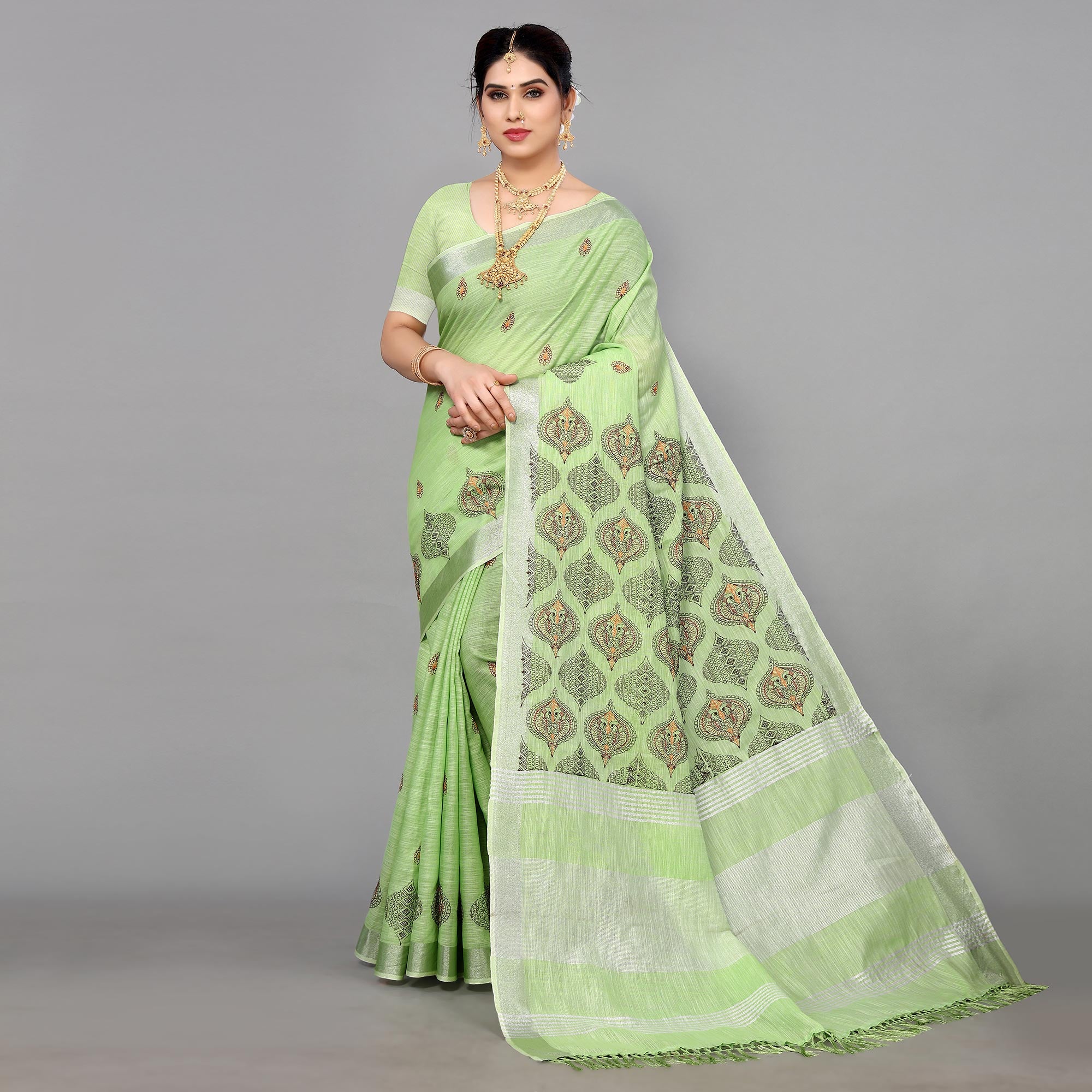 Green Embroidered Cotton Silk Saree With Tassels