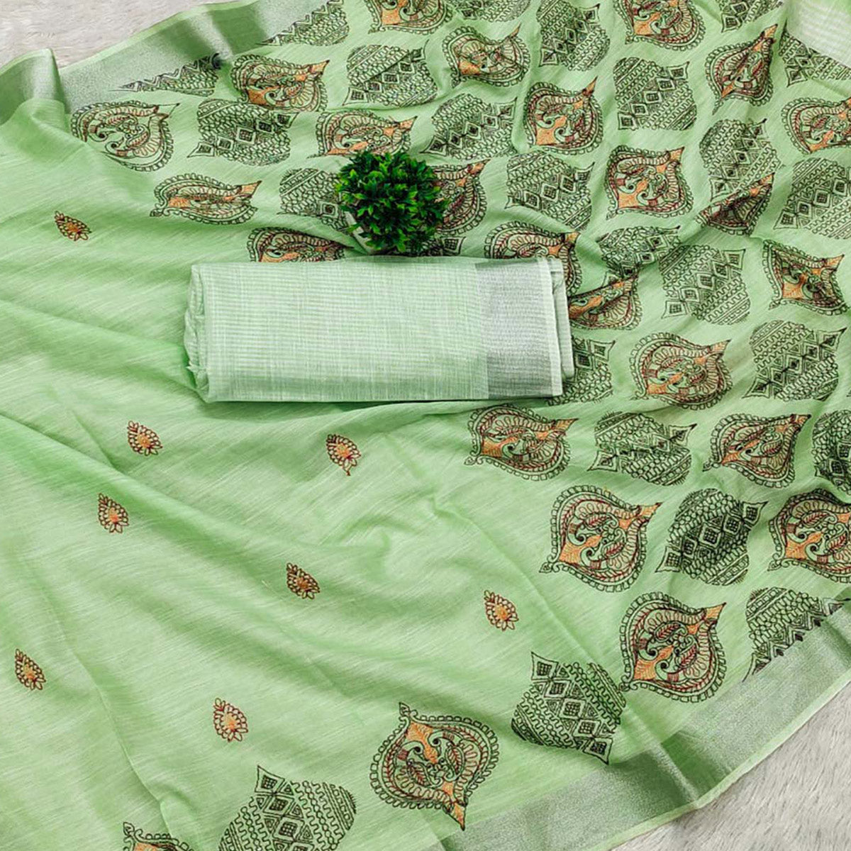 Green Embroidered Cotton Silk Saree With Tassels