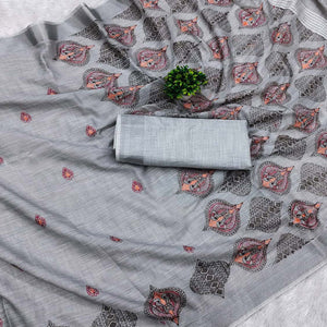 Grey Embroidered Cotton Silk Saree With Tassels