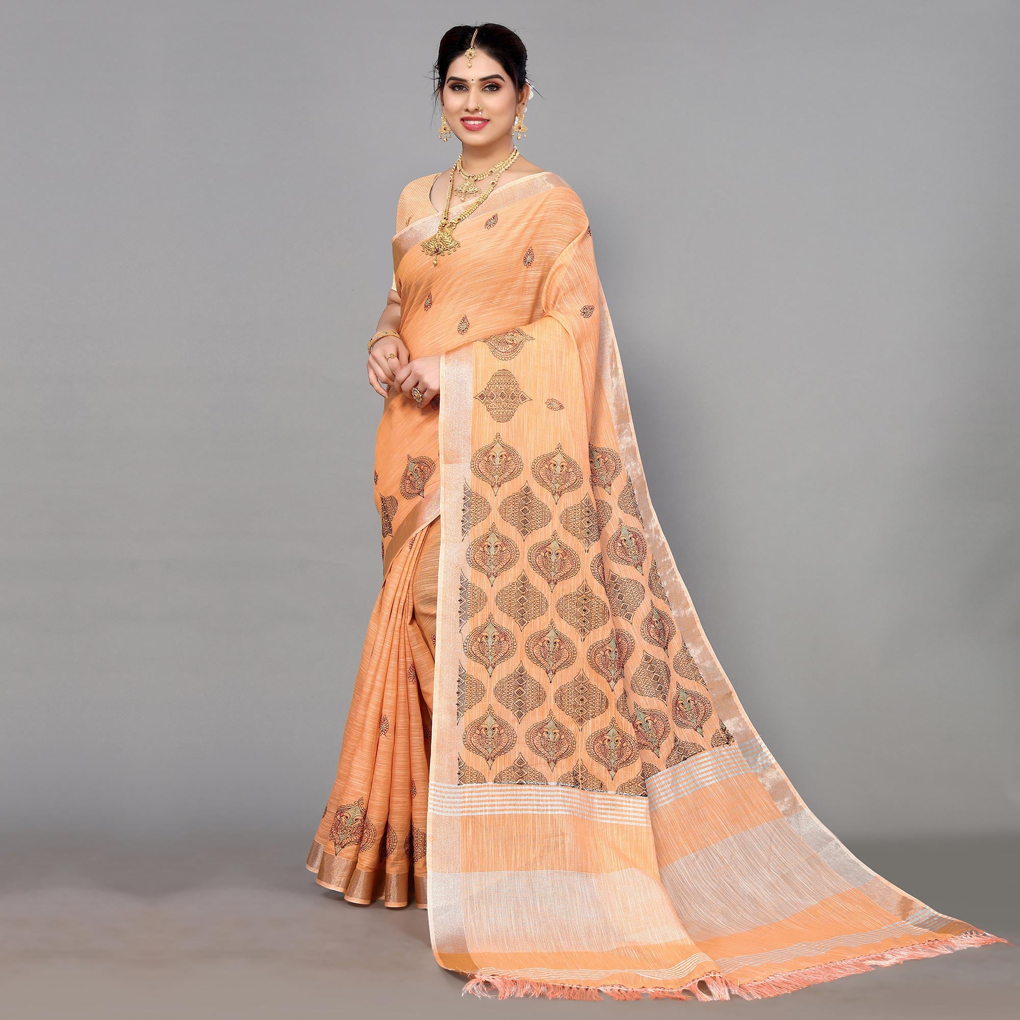Light Orange Embroidered Cotton Silk Saree With Tassels