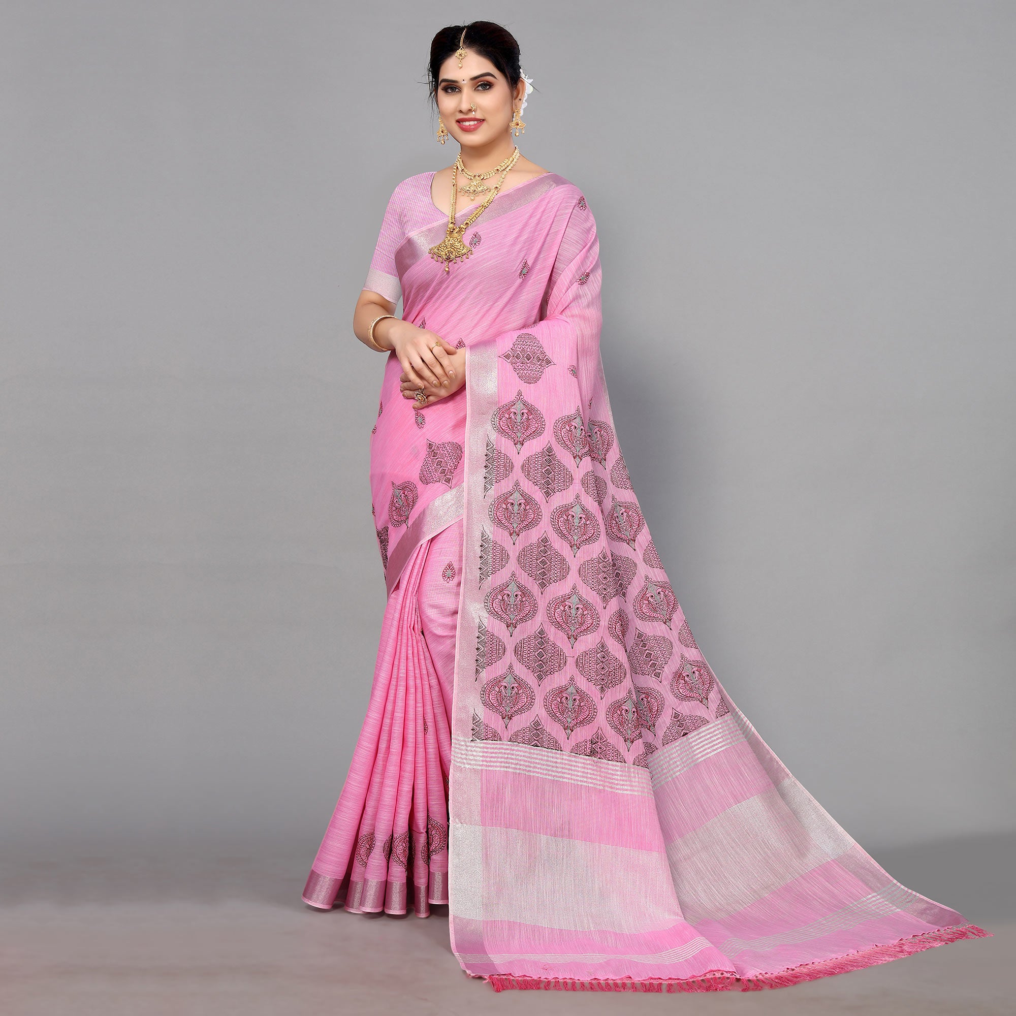 Pink Embroidered Cotton Silk Saree With Tassels