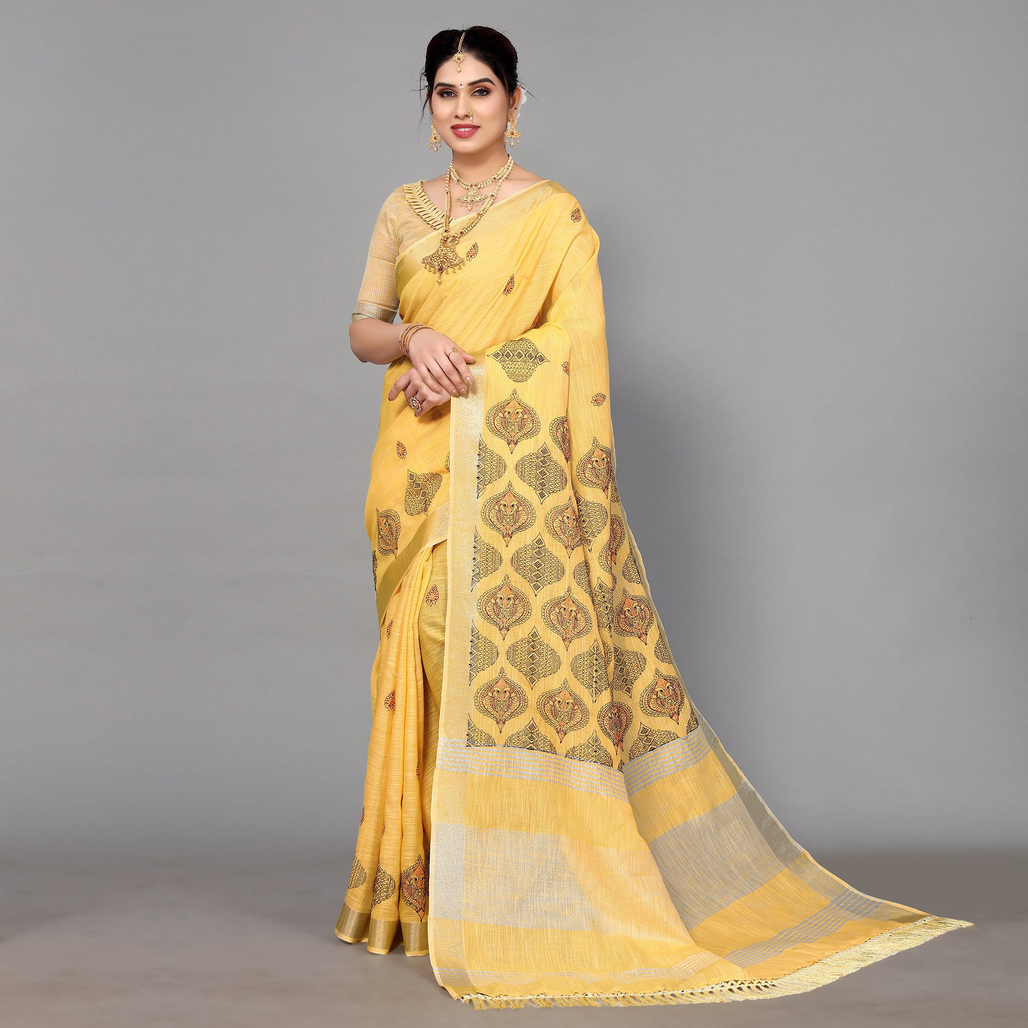 Yellow Embroidered Cotton Silk Saree With Tassels