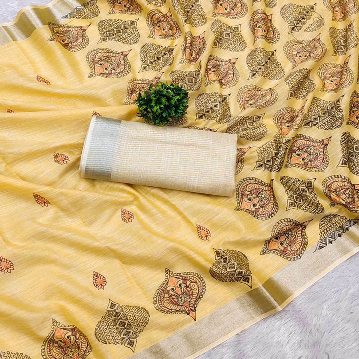 Yellow Embroidered Cotton Silk Saree With Tassels