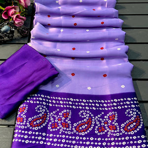 Lavender Satin Crepe Saree Showcasing Timeless Bandhani Print