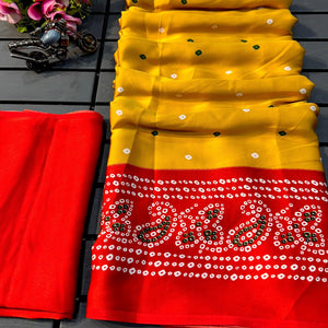 Mustard Satin Crepe Saree Showcasing Timeless Bandhani Print