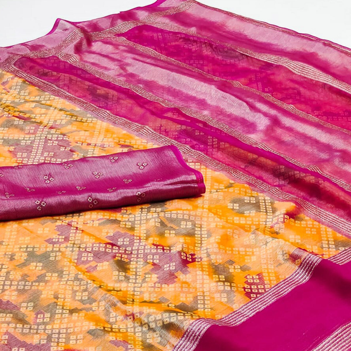 Orange Bandhani Printed Chiffon Saree With Zari Border