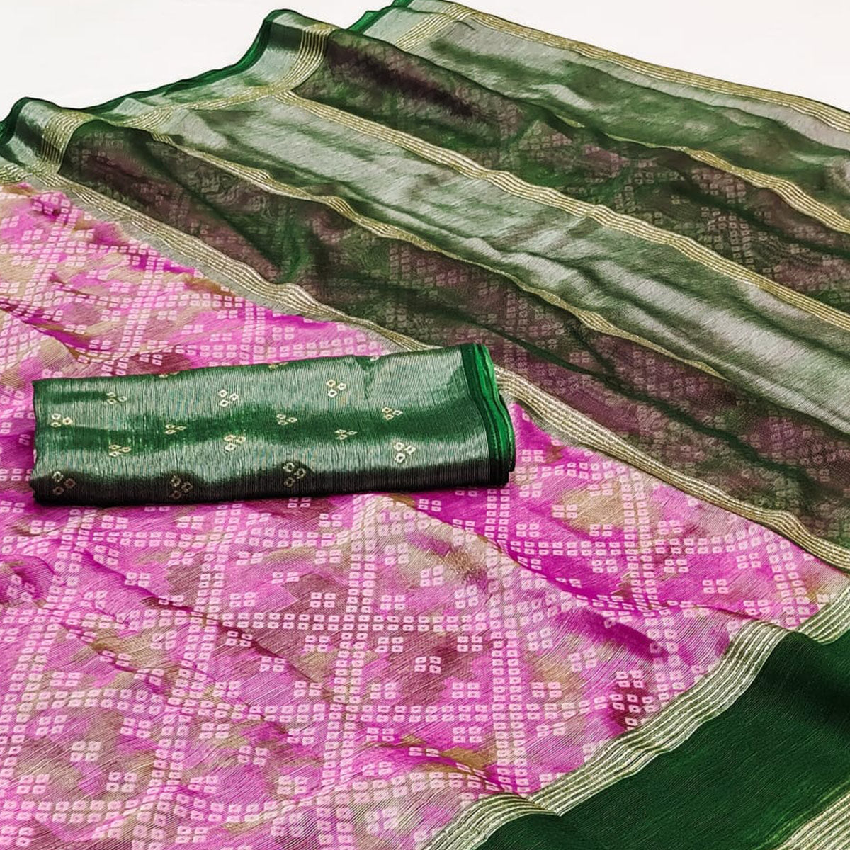 Pink Bandhani Printed Chiffon Saree With Zari Border