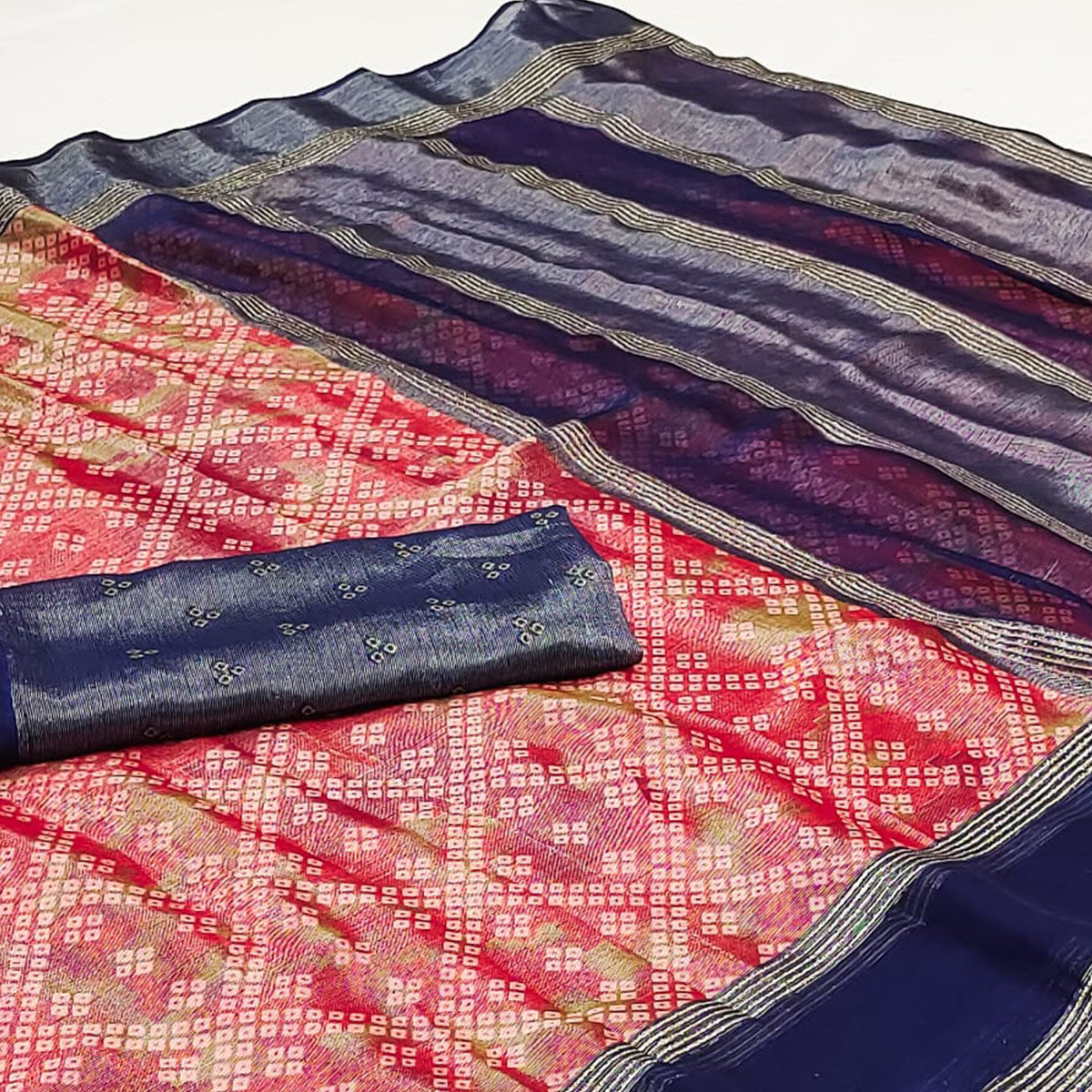 Red Bandhani Printed Chiffon Saree With Zari Border