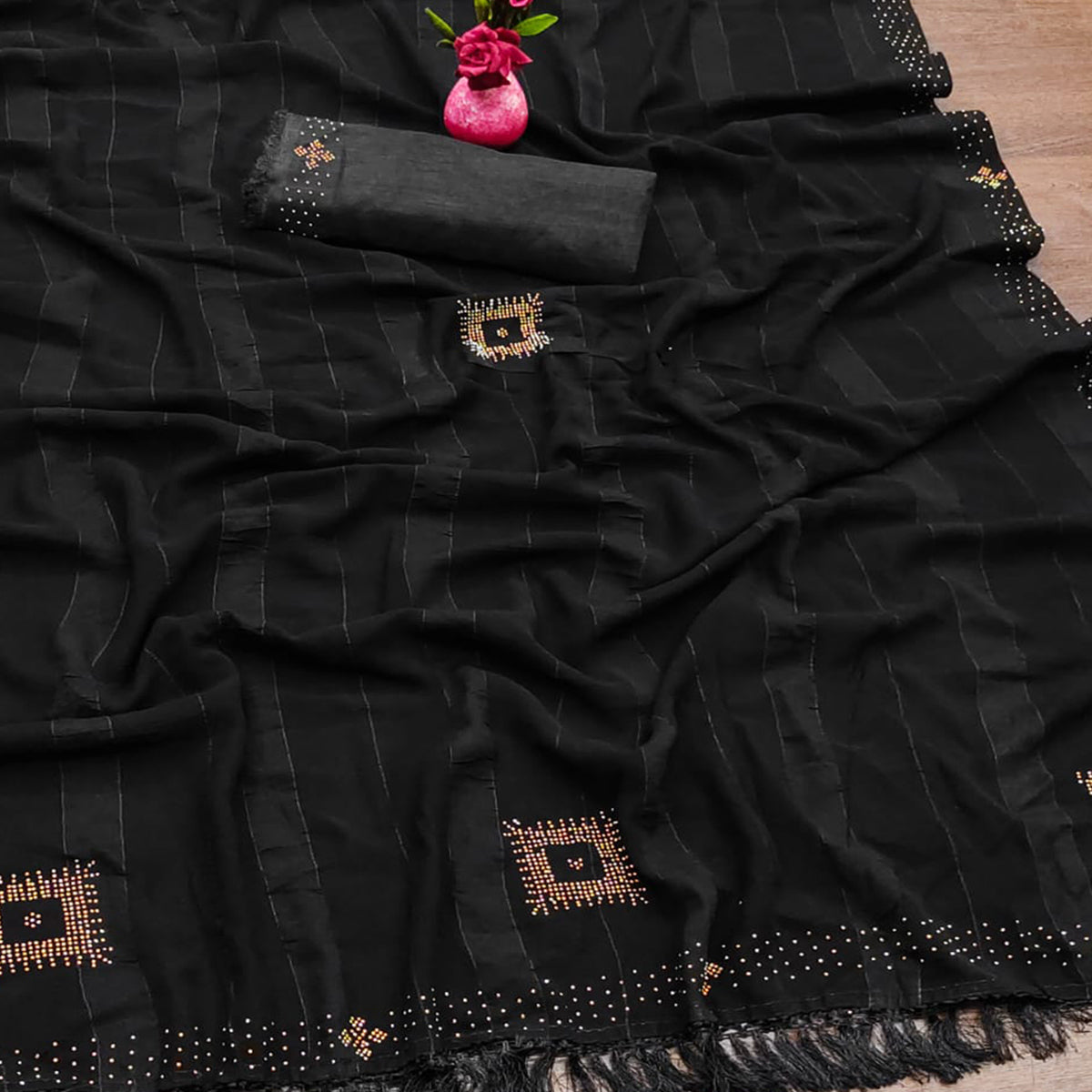 Black Woven Chiffon Saree With Swarovski Work