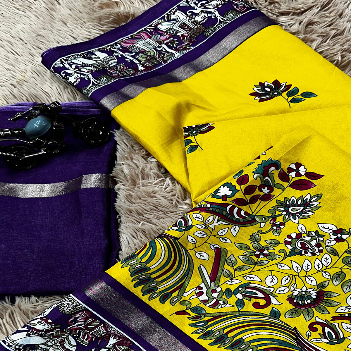 Yellow Kalamkari Printed Pure Mulmul Cotton Saree