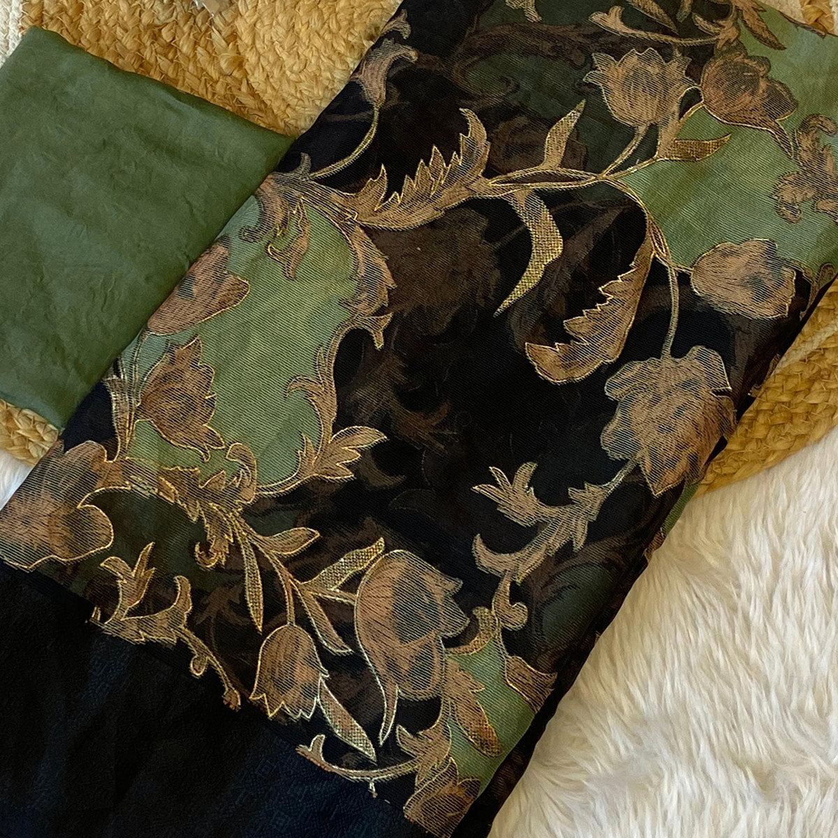 Black & Dark Green Foil Printed Brasso Saree for Party Wear