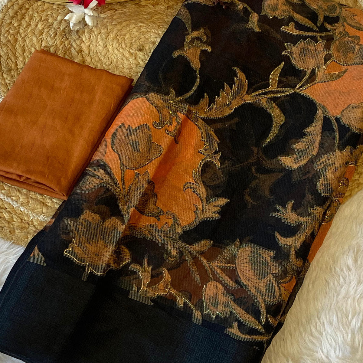 Black & Orange Foil Printed Brasso Saree for Party Wear