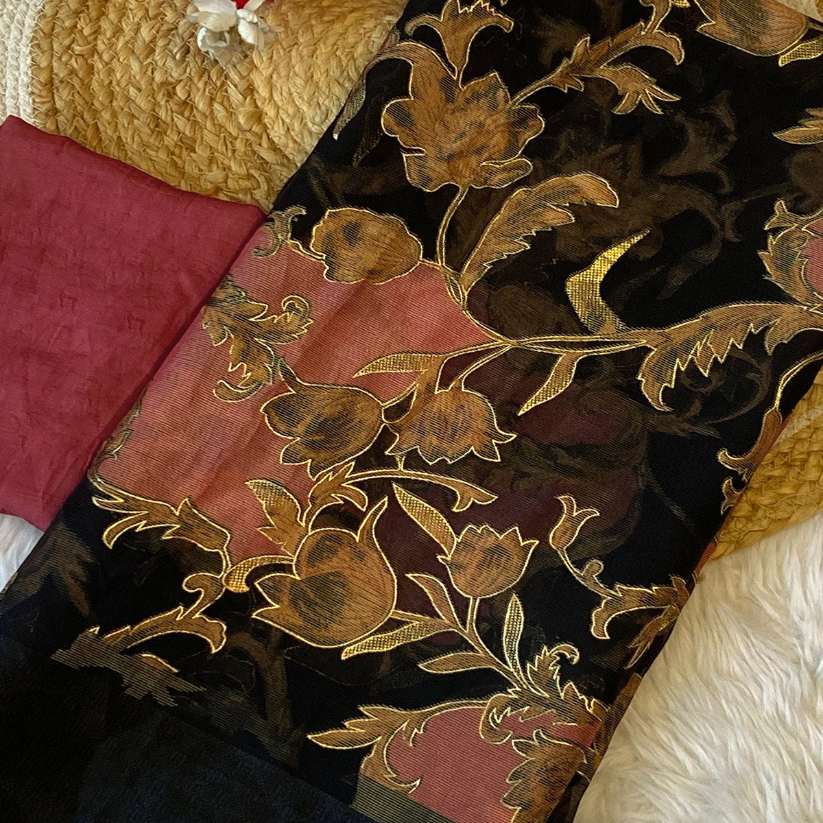 Black & Pink Foil Printed Brasso Saree for Party Wear