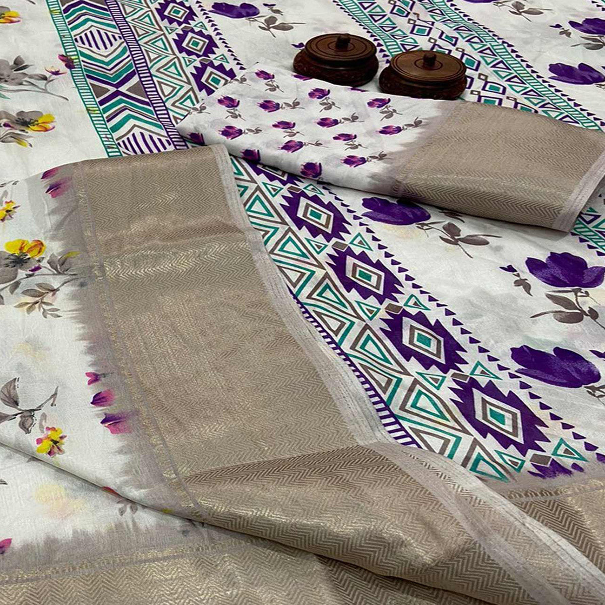 White & Purple Floral Printed Dola Silk Saree With Zari Border
