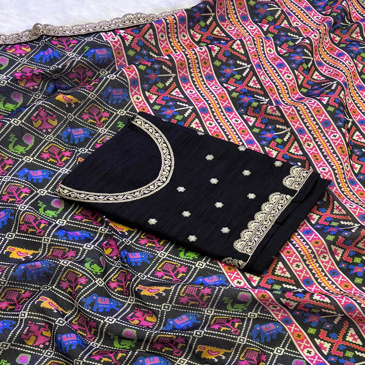 Black Printed Patola Tussar Silk Saree