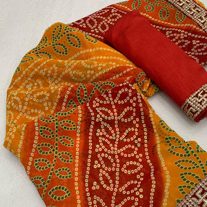 Red & Yellow Bandhani Printed With Embroidered Border Georgette Saree
