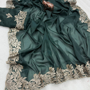 Stylish Dark Green Star Chiffon Saree with Traditional Zari Embellished Border