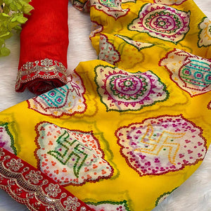 Yellow Bandhani Printed Georgette Saree With Sequins Embroidered Border