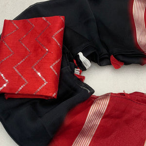 Black Woven Chiffon Saree With Tassels