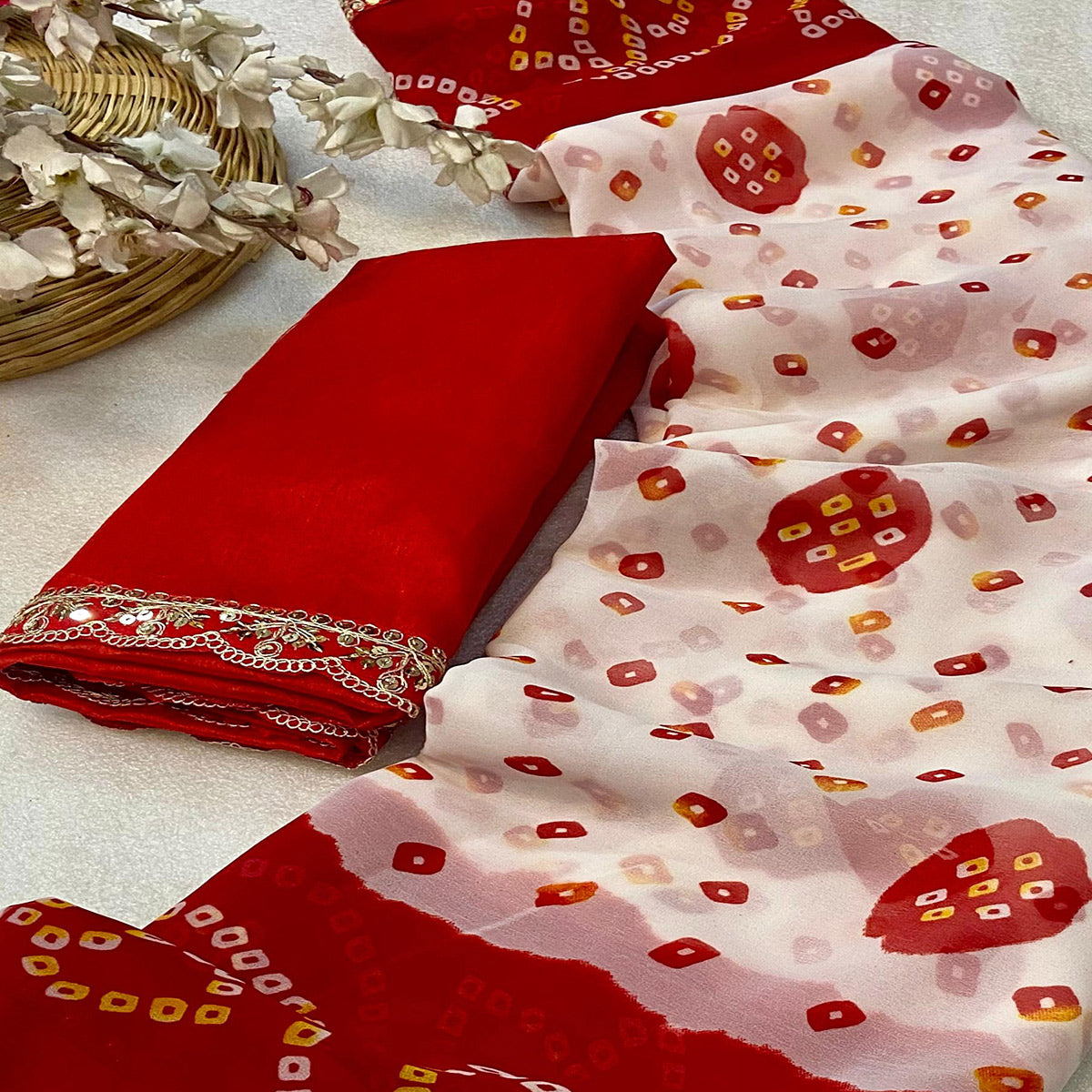 White & Red Bandhani Printed Georgette Saree