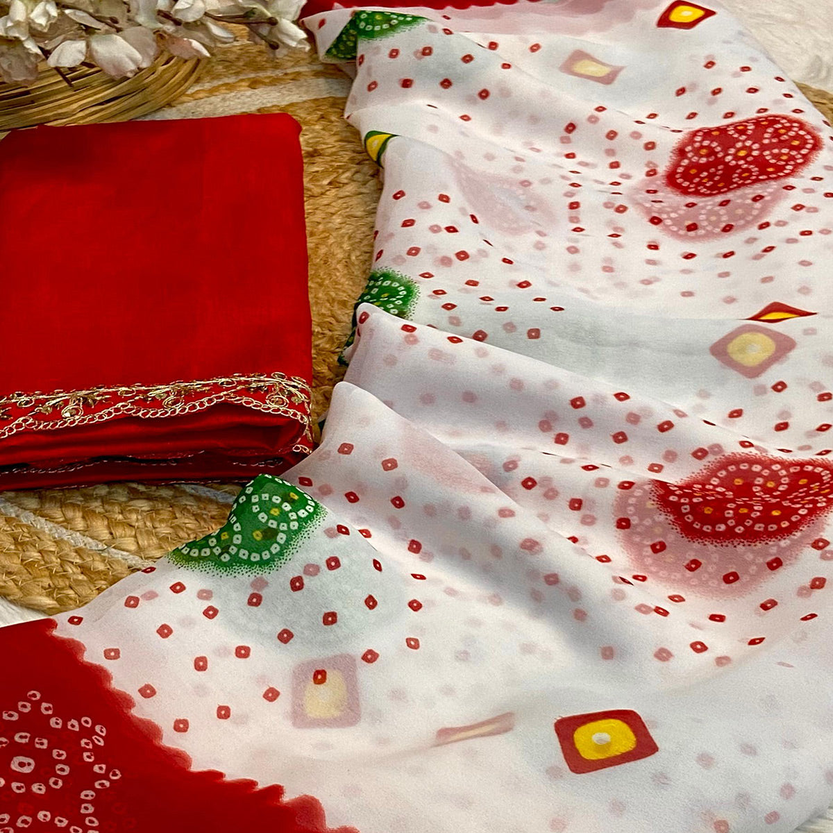 White & Red Bandhani Printed Georgette Saree