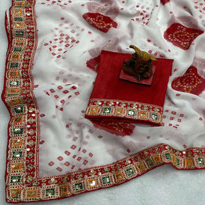 White & Red Bandhani Printed With Sequins Embroidered Georgette Saree