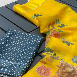 Yellow Floral Printed Chiffon Saree