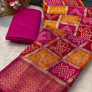 Pink & Orange Bandhani Foil Printed Dola Silk Saree With Woven Border