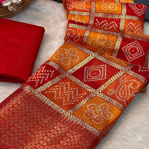 Red & Orange Bandhani Foil Printed Dola Silk Saree With Woven Border