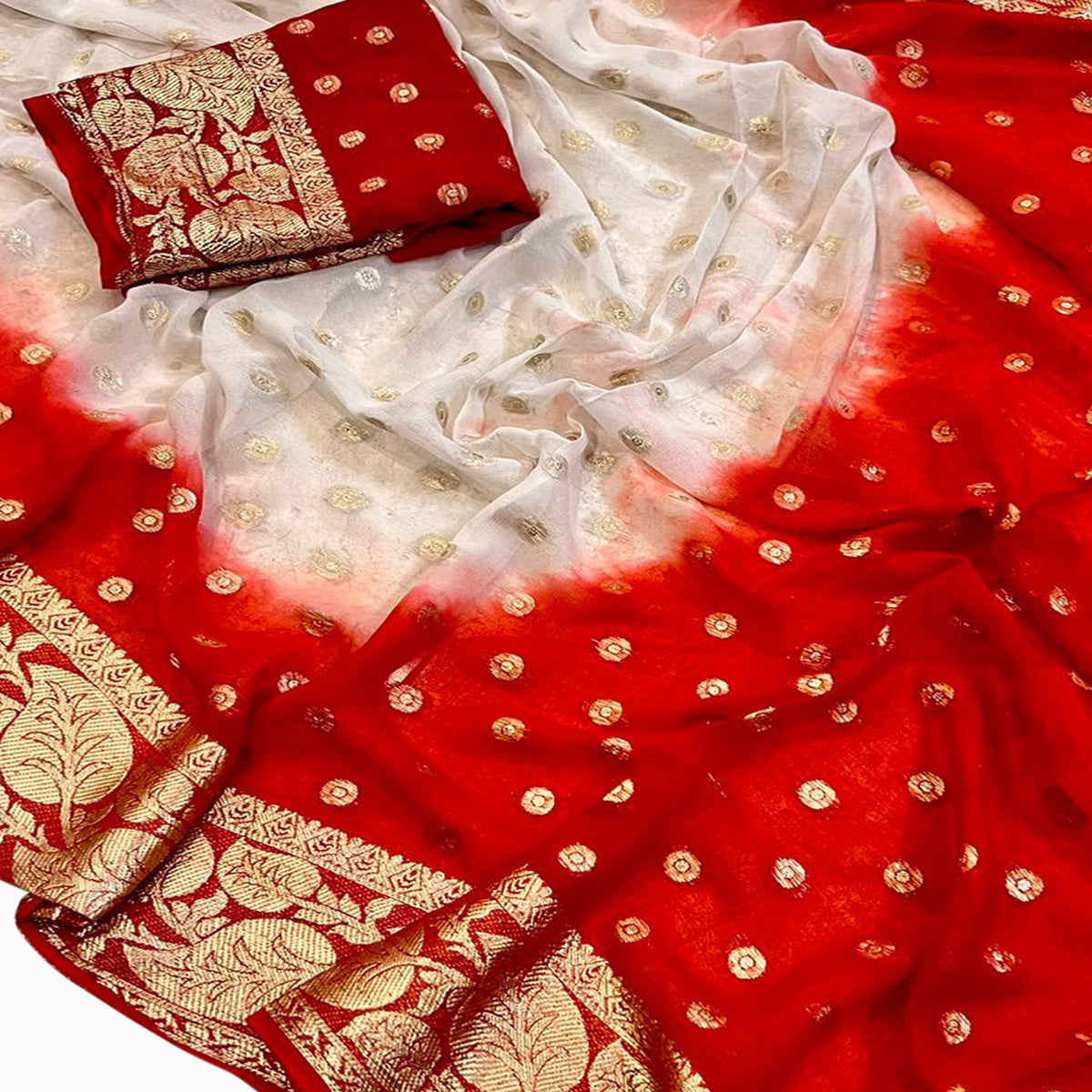 White & Red Zari Woven Viscose Saree