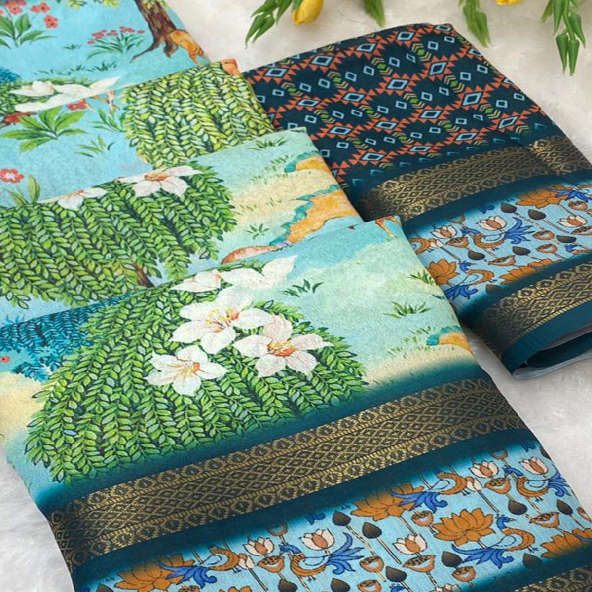 Sky Blue Floral Moss Georgette Saree with Elegant Drape & Soft Texture