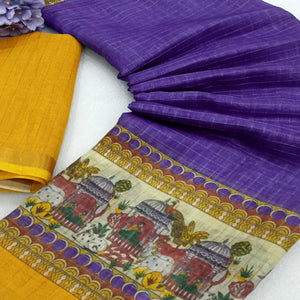 Purple Checks Zari Woven With Printed Linen Saree