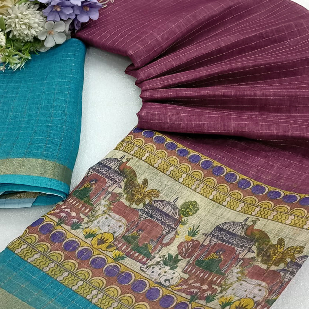 Wine Checks Zari Woven With Printed Linen Saree