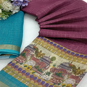 Wine Checks Zari Woven With Printed Linen Saree